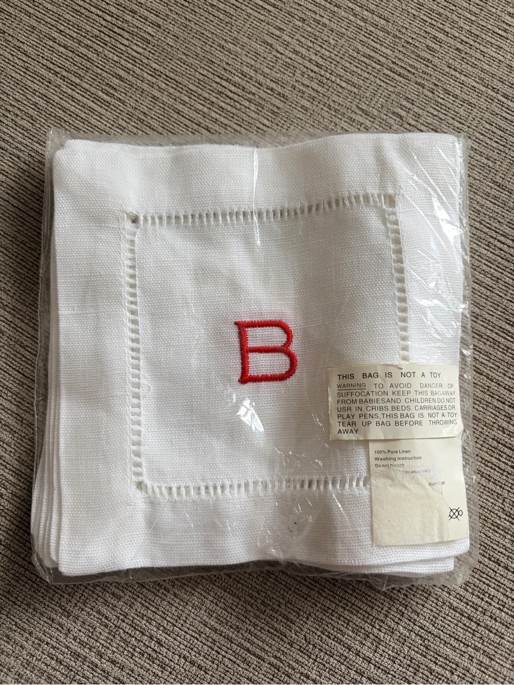 Monogrammed White Linen Napkins with Red 'B'